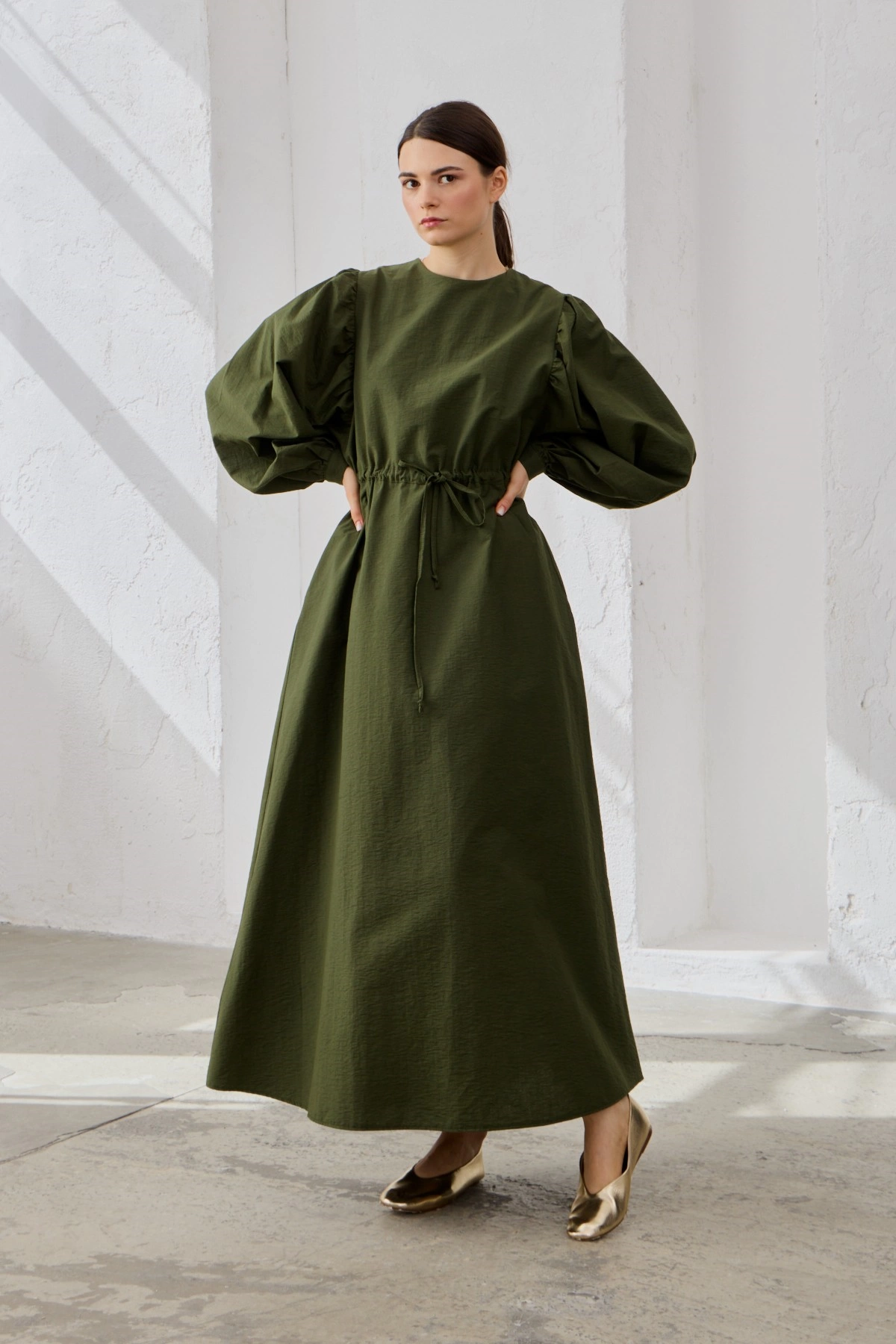 Qanu Pamuklu Büzgülü Elbise Yeşil 