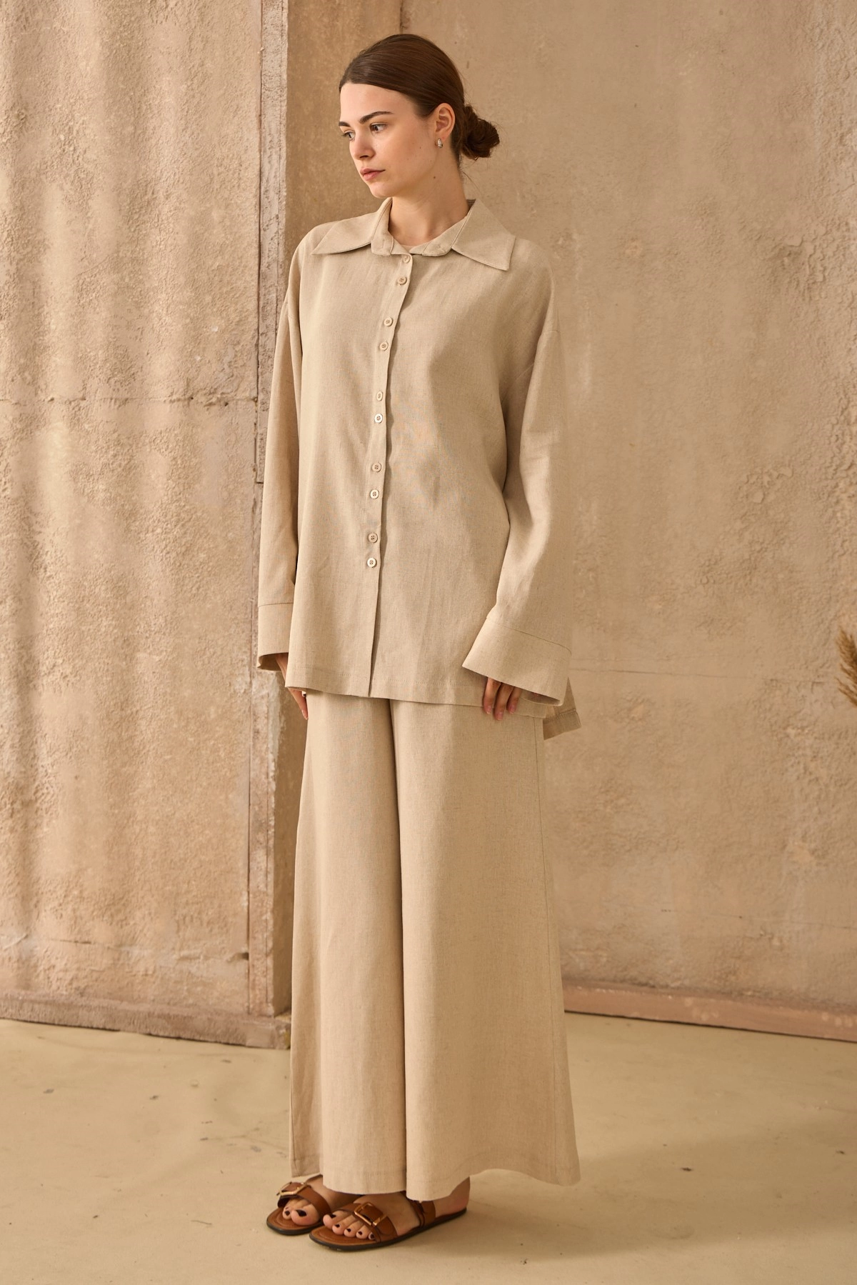 Qanu Pantolonlu Keten Takım Bej 