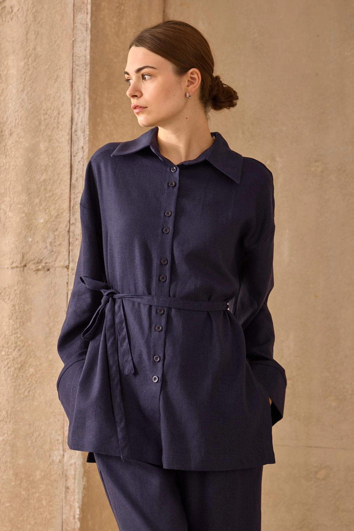 Qanu Pantolonlu Keten Takım Lacivert 