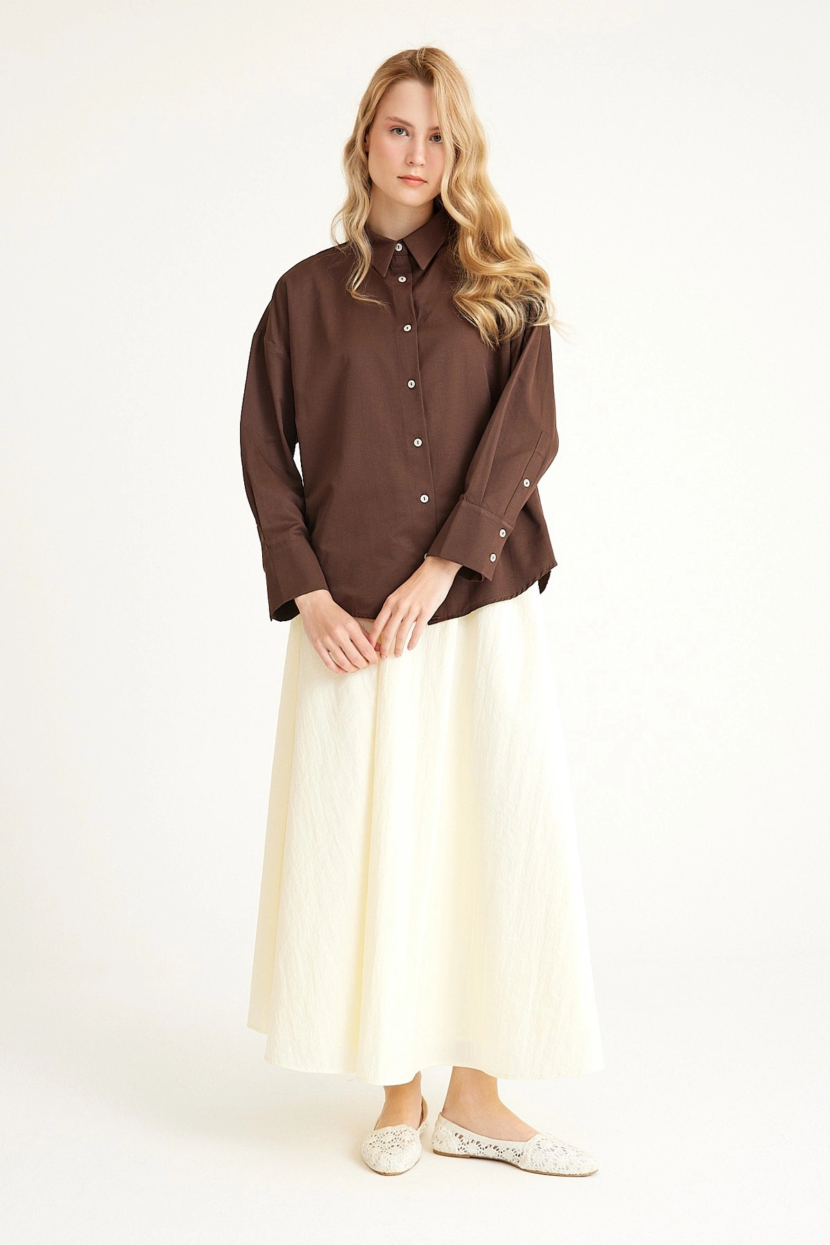 Qanu Poplin Kısa Gömlek Kahverengi 