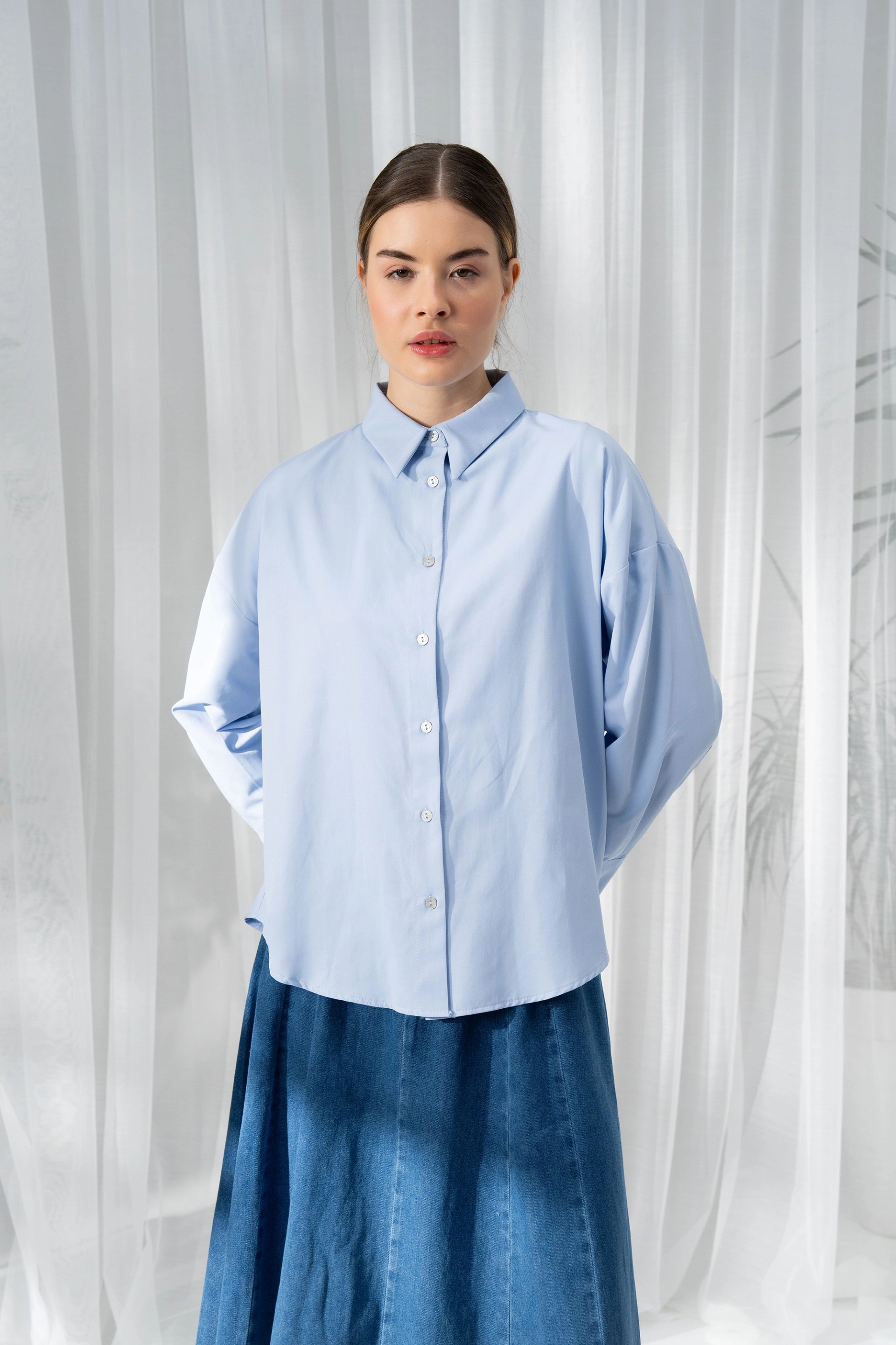 Qanu Poplin Kısa Gömlek Mavi 