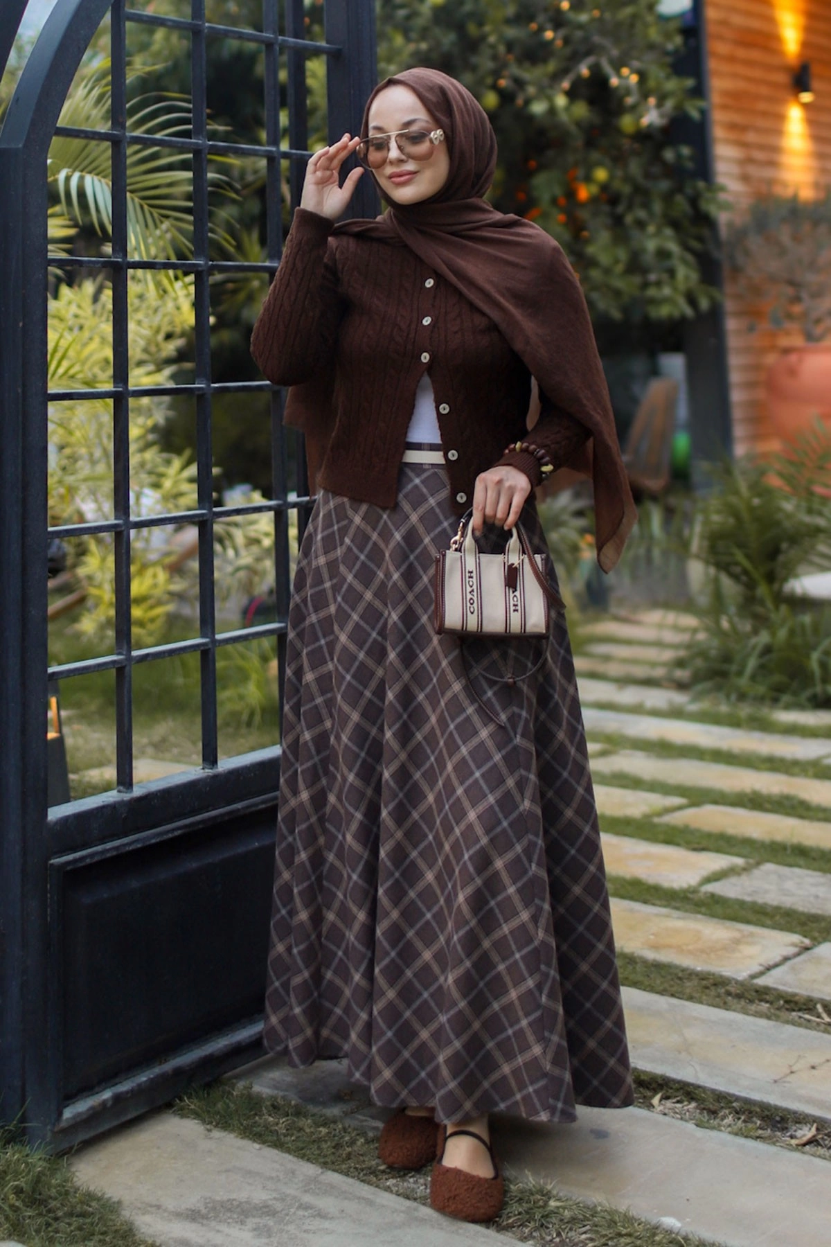 Qanu Rıva Örgülü Hırka Kahverengi  - Tesettür Giyim