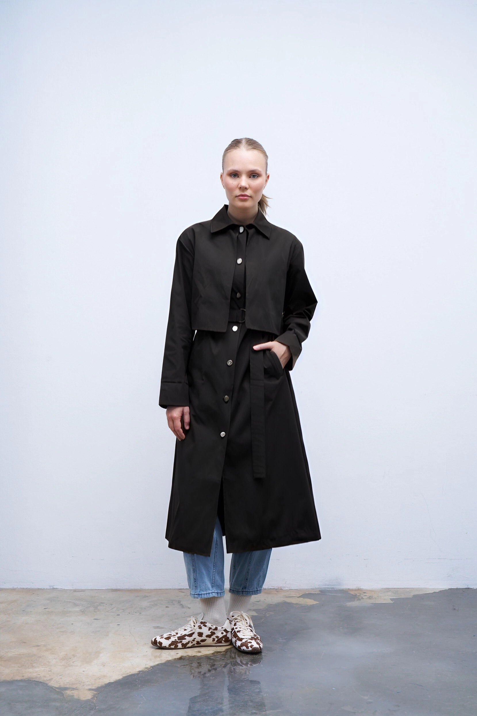 Qanu Rüzgarlıklı Trençkot Siyah  - Tesettür Giyim