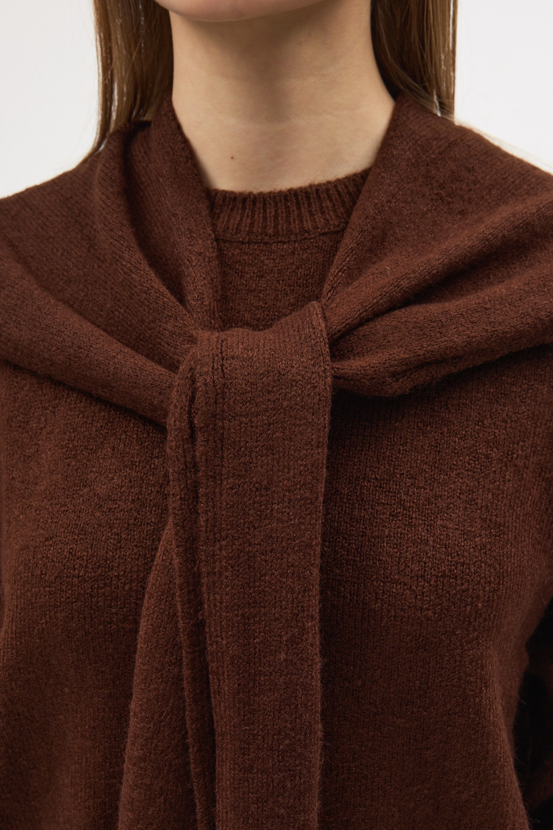 Qanu Şal Detaylı Triko Kazak Kahverengi - Tesettür Giyim