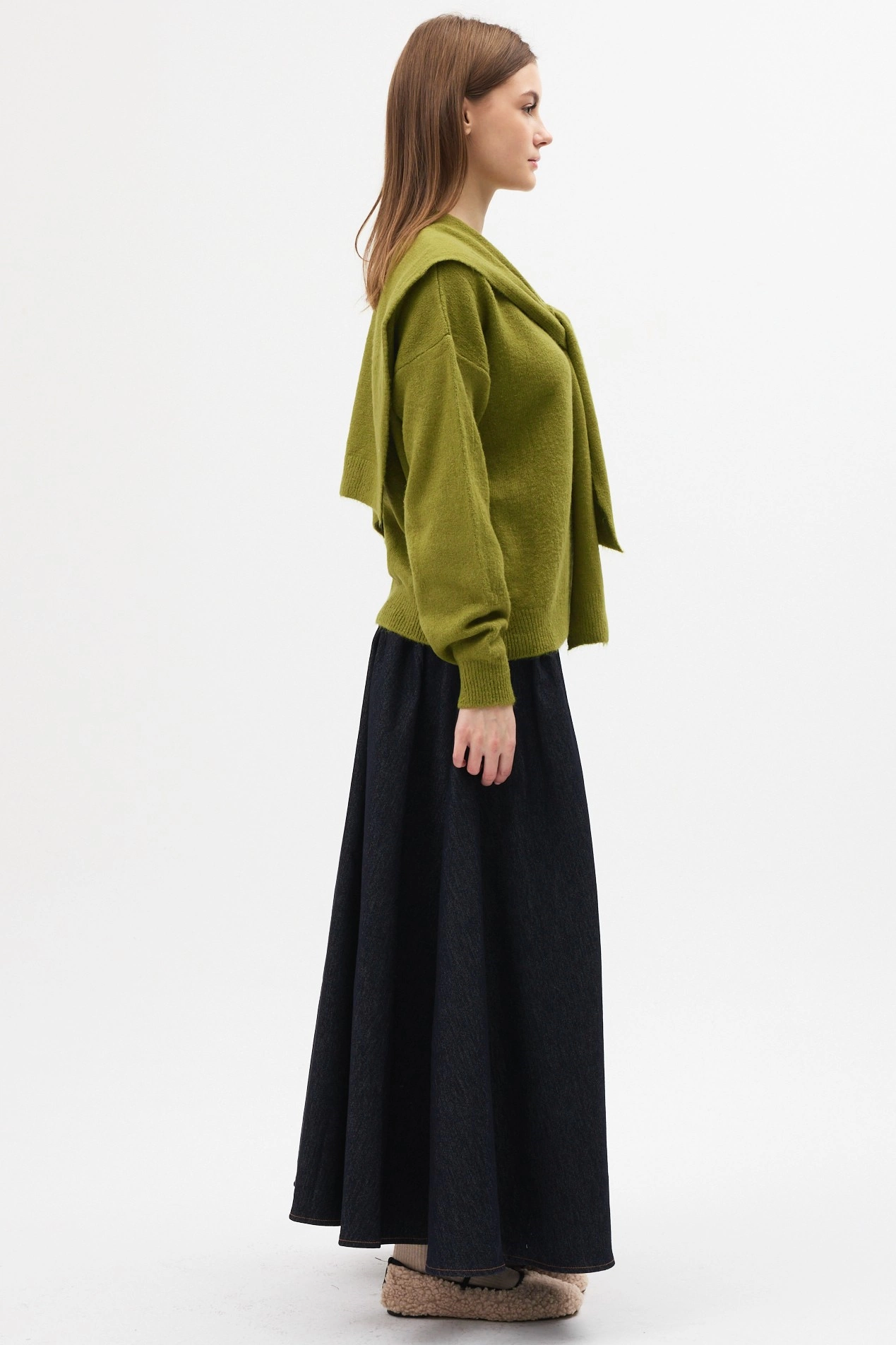 Qanu Şal Detaylı Triko Kazak Yağ Yeşili  - Tesettür Giyim