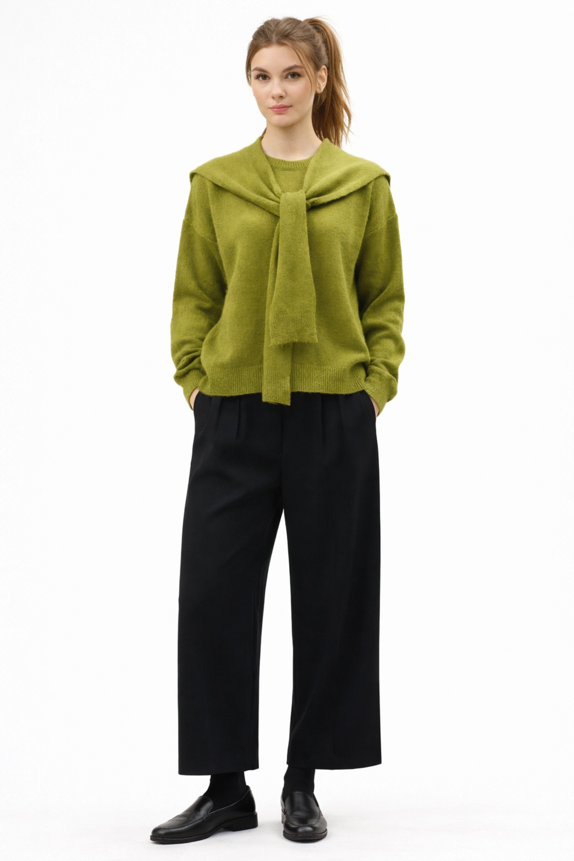 Qanu Şal Detaylı Triko Kazak Yağ Yeşili 