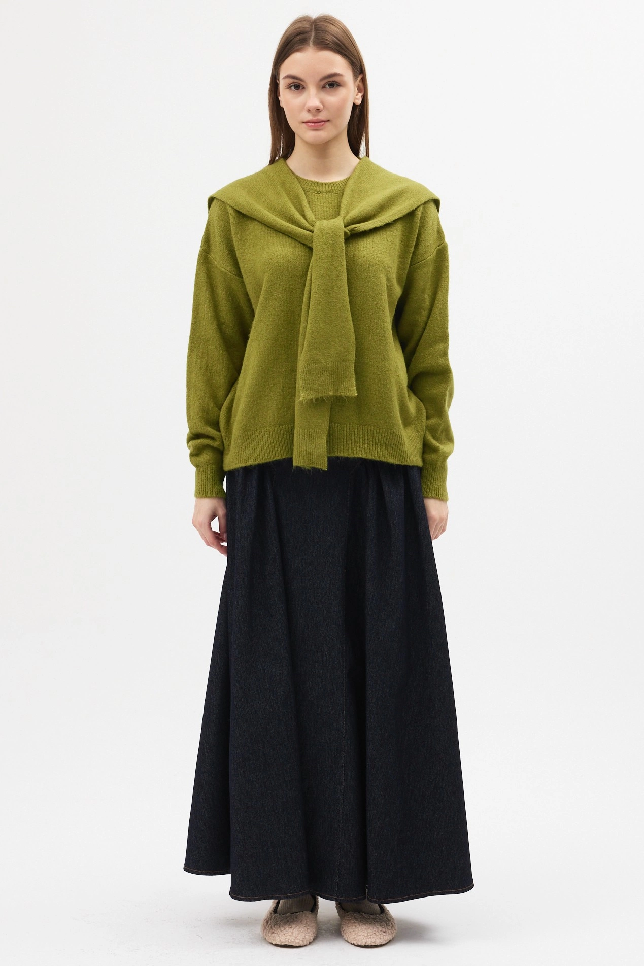 Qanu Şal Detaylı Triko Kazak Yağ Yeşili 