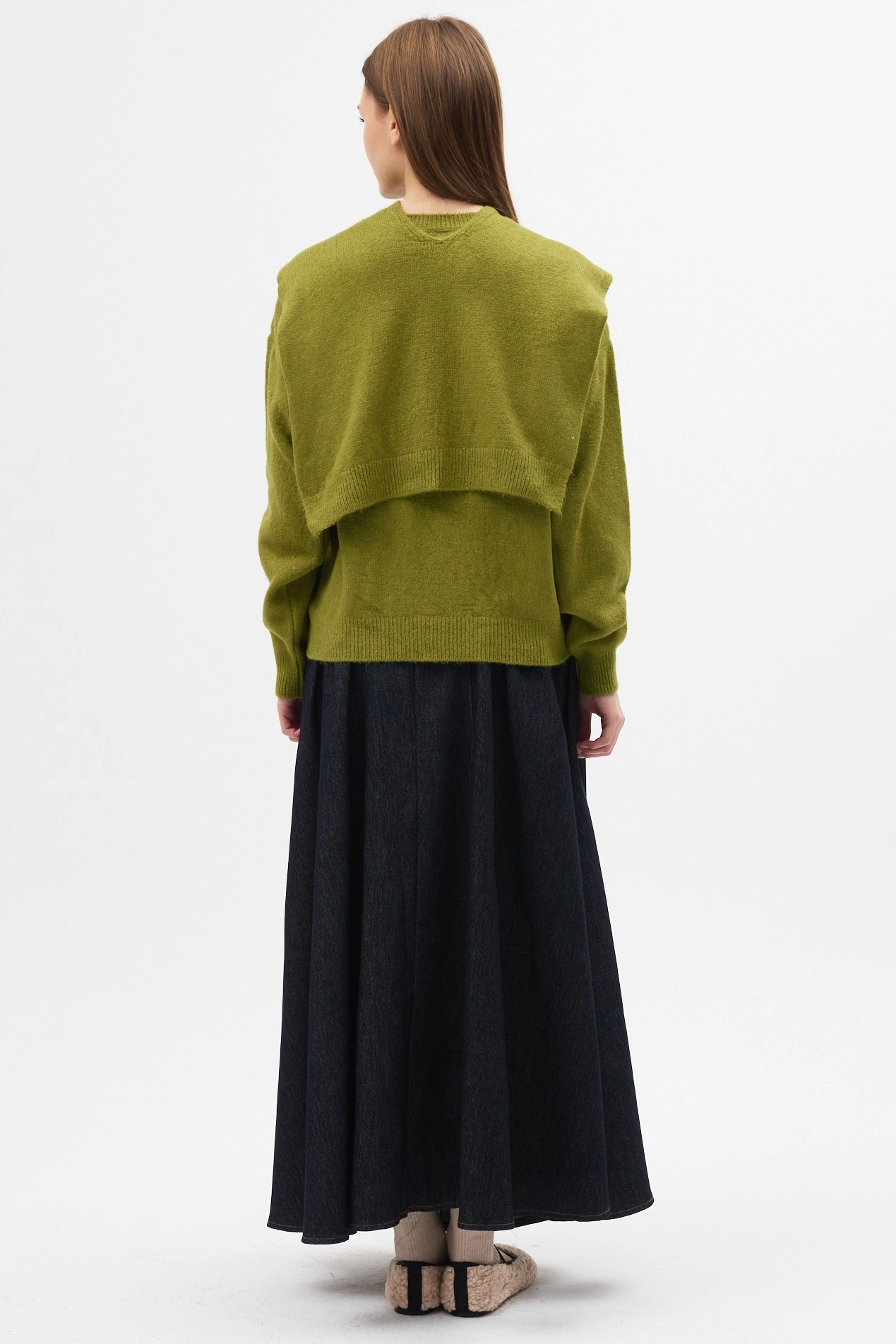 Qanu Şal Detaylı Triko Kazak Yağ Yeşili  - Tesettür Giyim