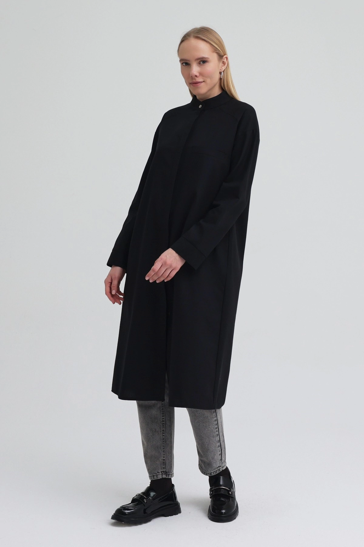 Qanu Tek Cepli Gömlek Siyah - Tesettür Giyim