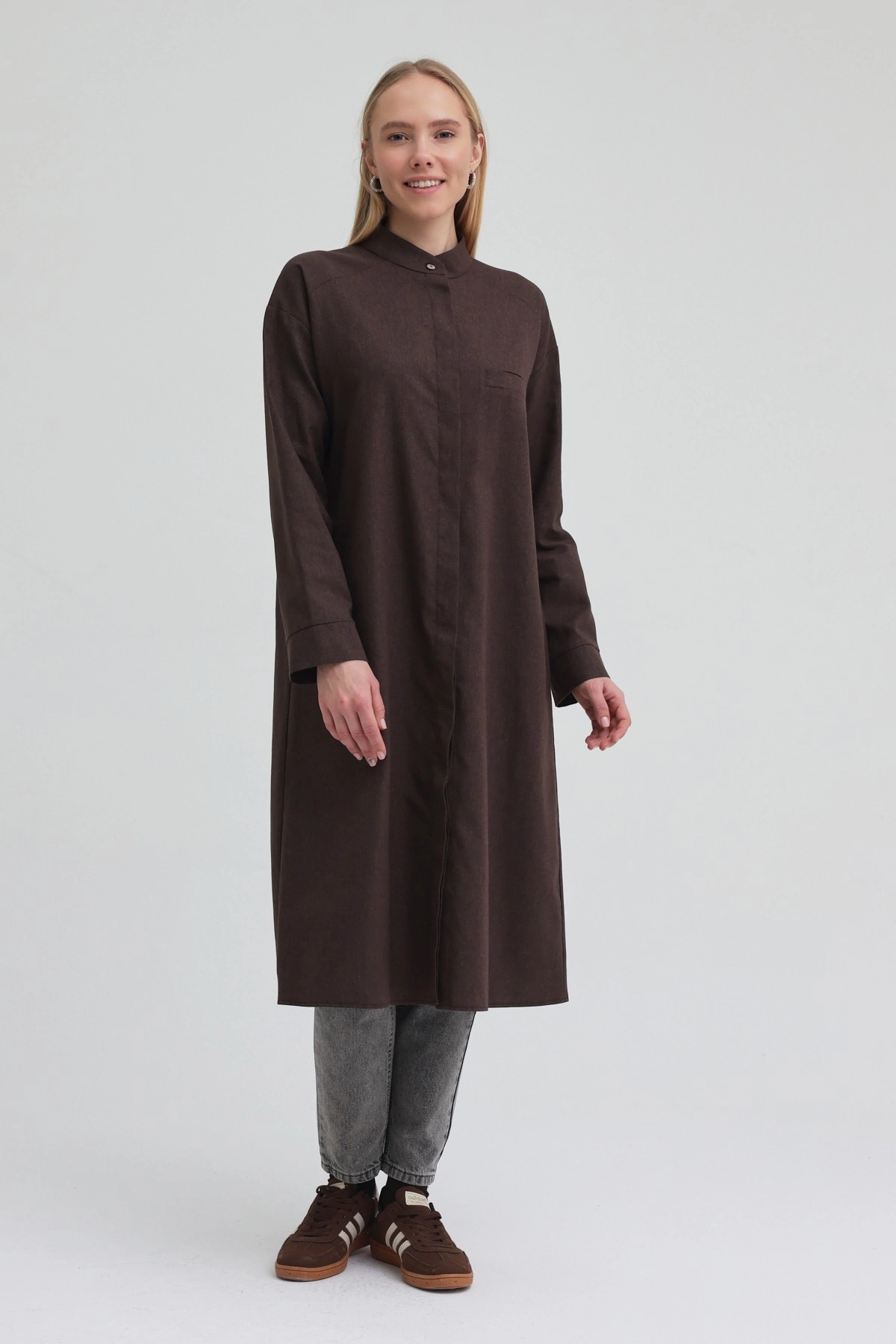 Qanu Tek Cepli Gömlek Kahverengi - Tesettür Giyim