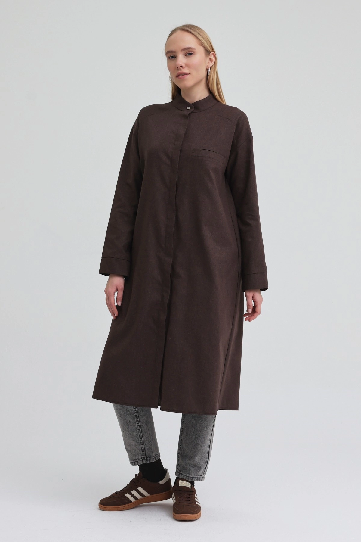 Qanu Tek Cepli Gömlek Kahverengi - Tesettür Giyim