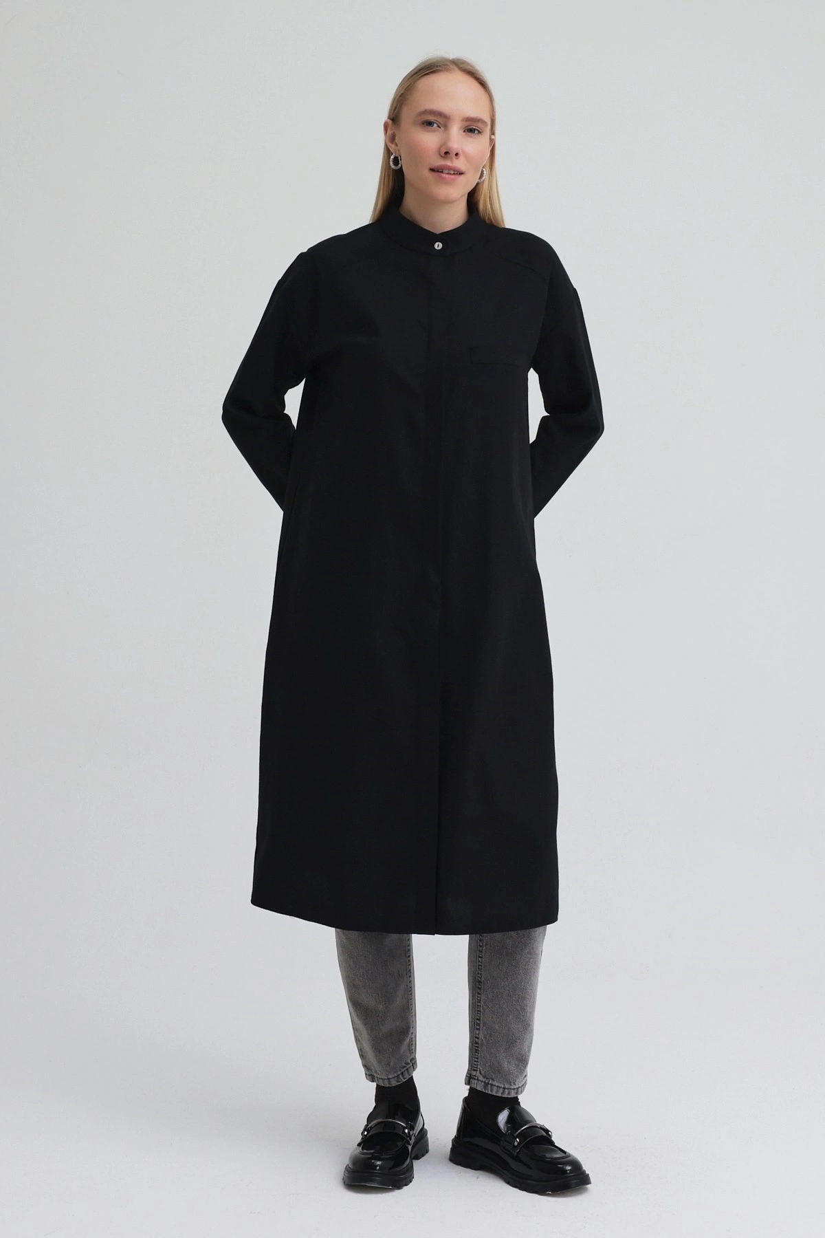 Qanu Tek Cepli Gömlek Siyah - Tesettür Giyim