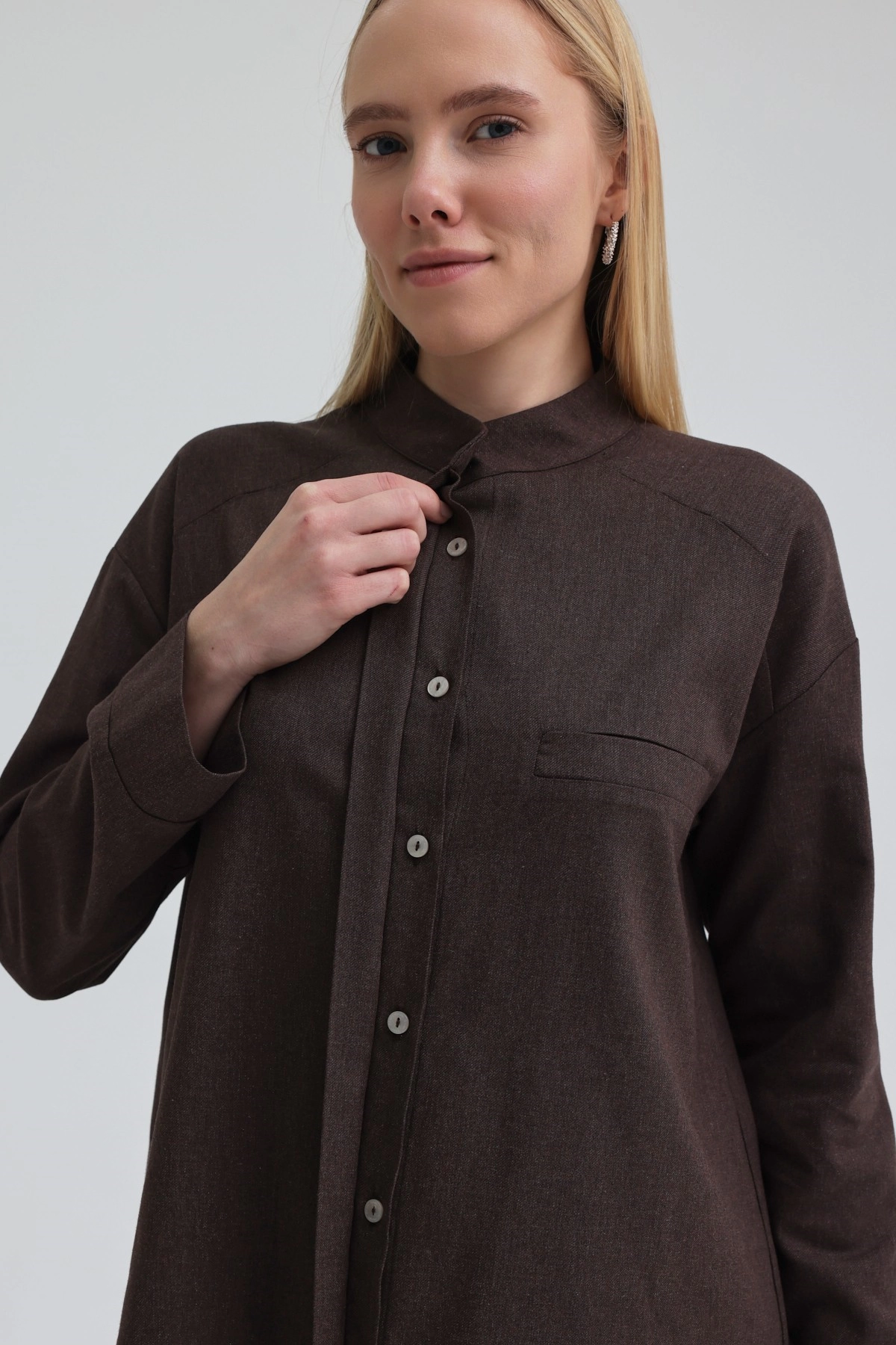 Qanu Tek Cepli Gömlek Kahverengi - Tesettür Giyim