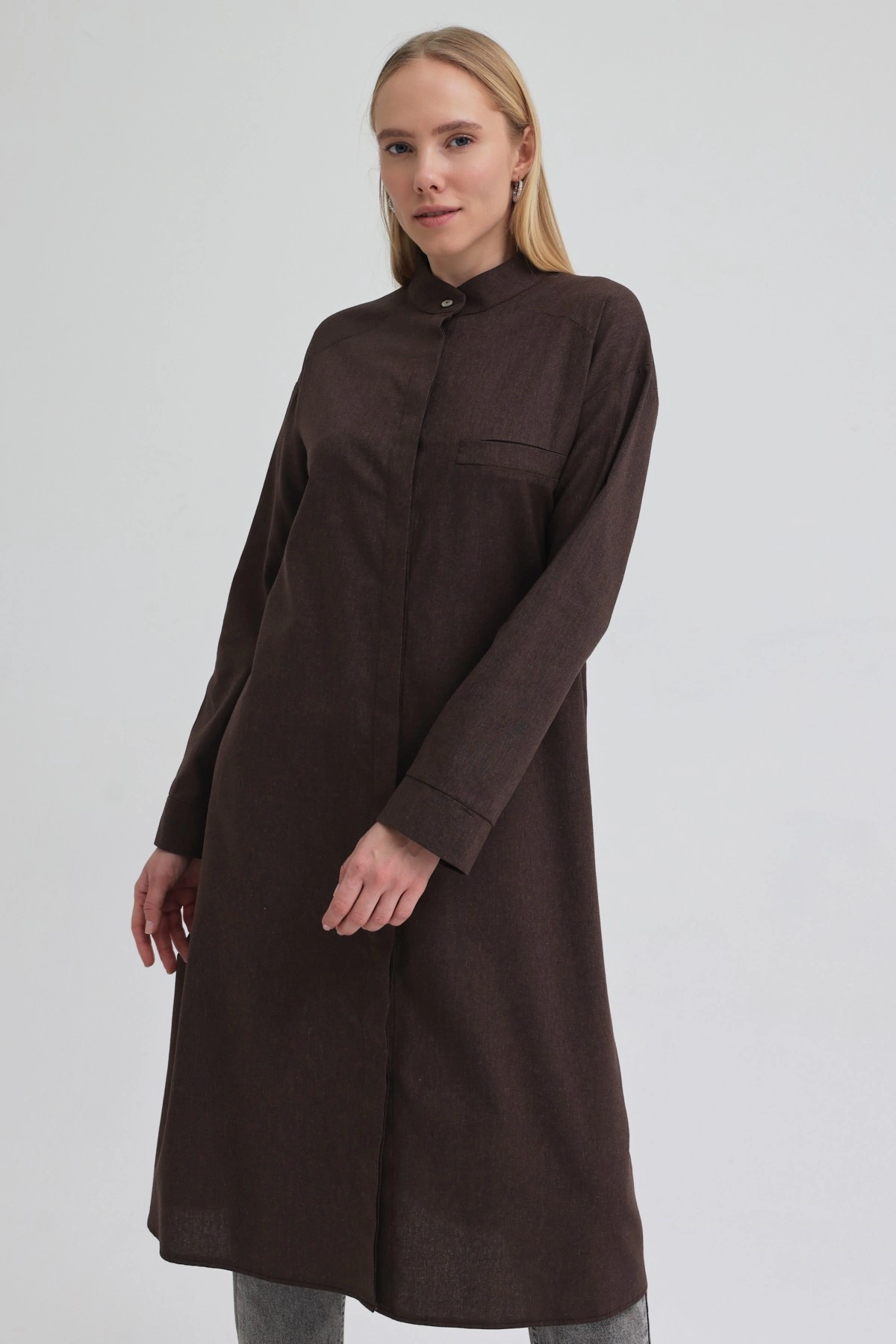 Qanu Tek Cepli Gömlek Kahverengi - Tesettür Giyim