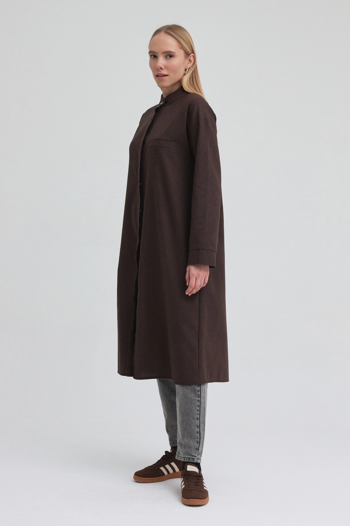 Qanu Tek Cepli Gömlek Kahverengi - Tesettür Giyim