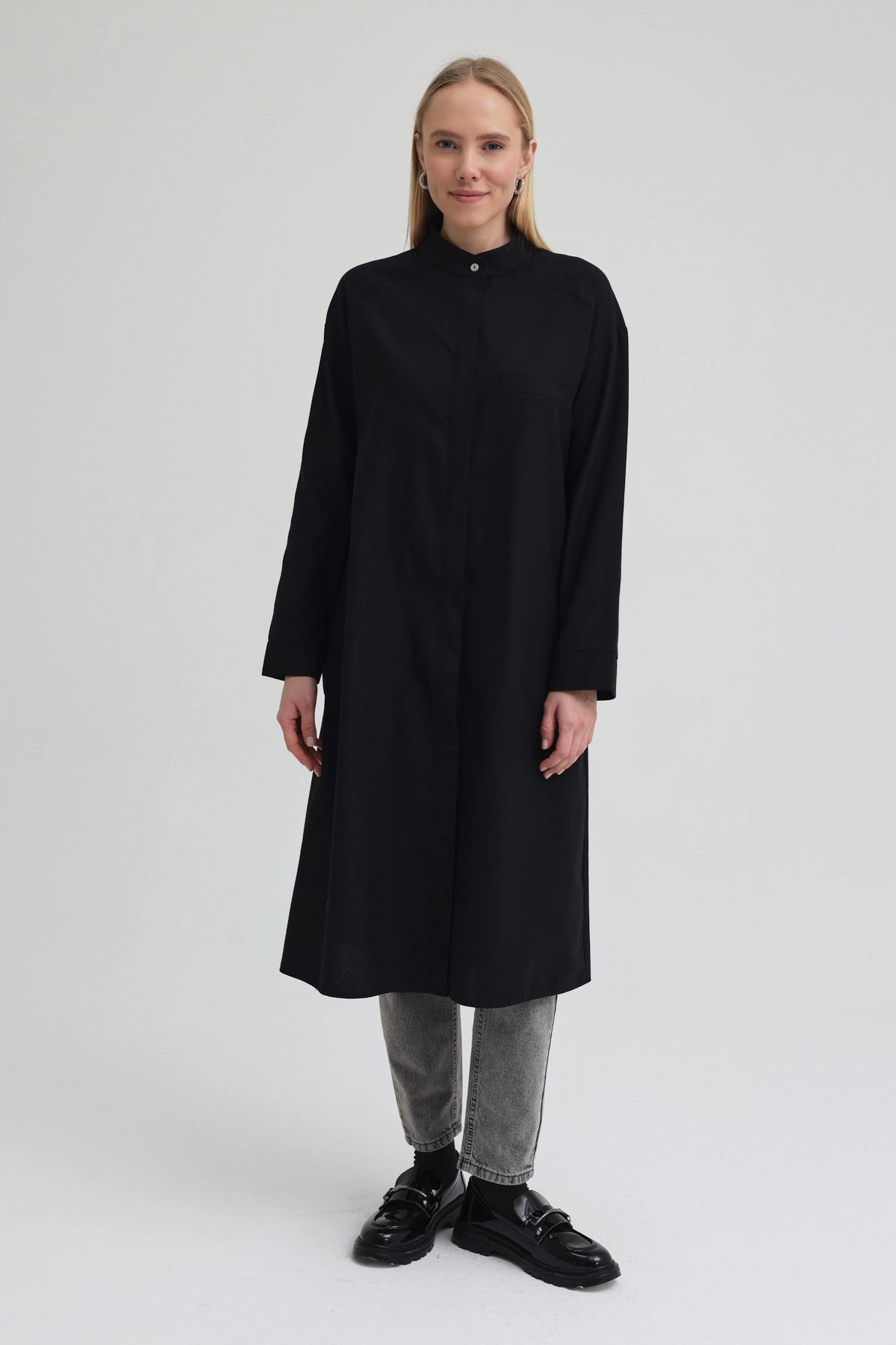 Qanu Tek Cepli Gömlek Siyah - Tesettür Giyim