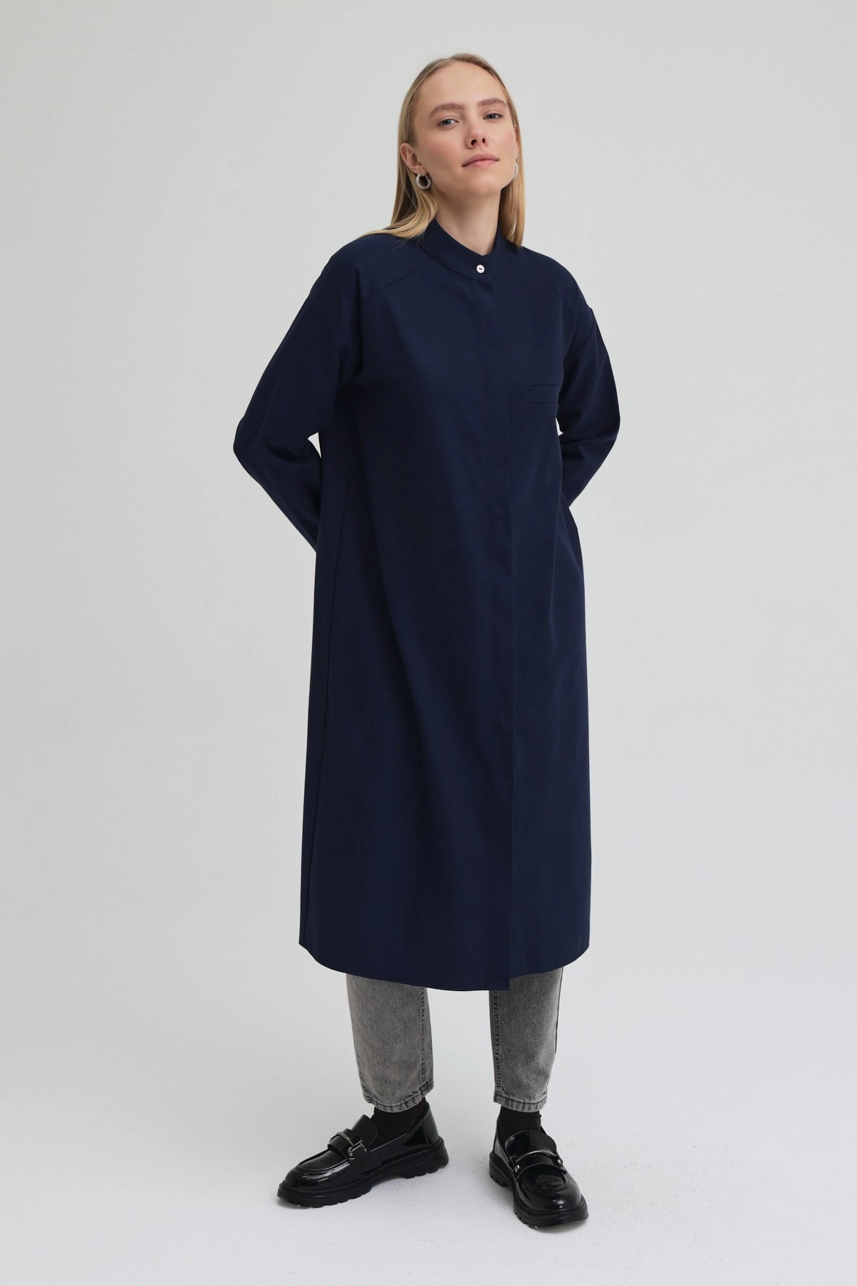 Qanu Tek Cepli Gömlek Lacivert  - Tesettür Giyim