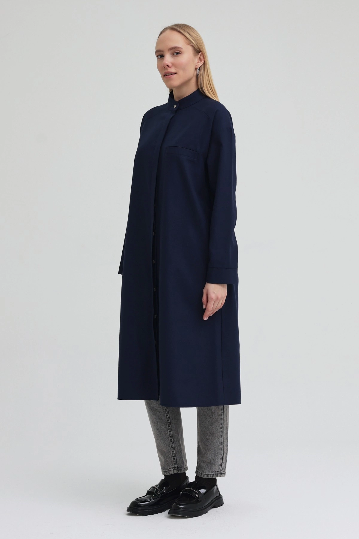 Qanu Tek Cepli Gömlek Lacivert  - Tesettür Giyim