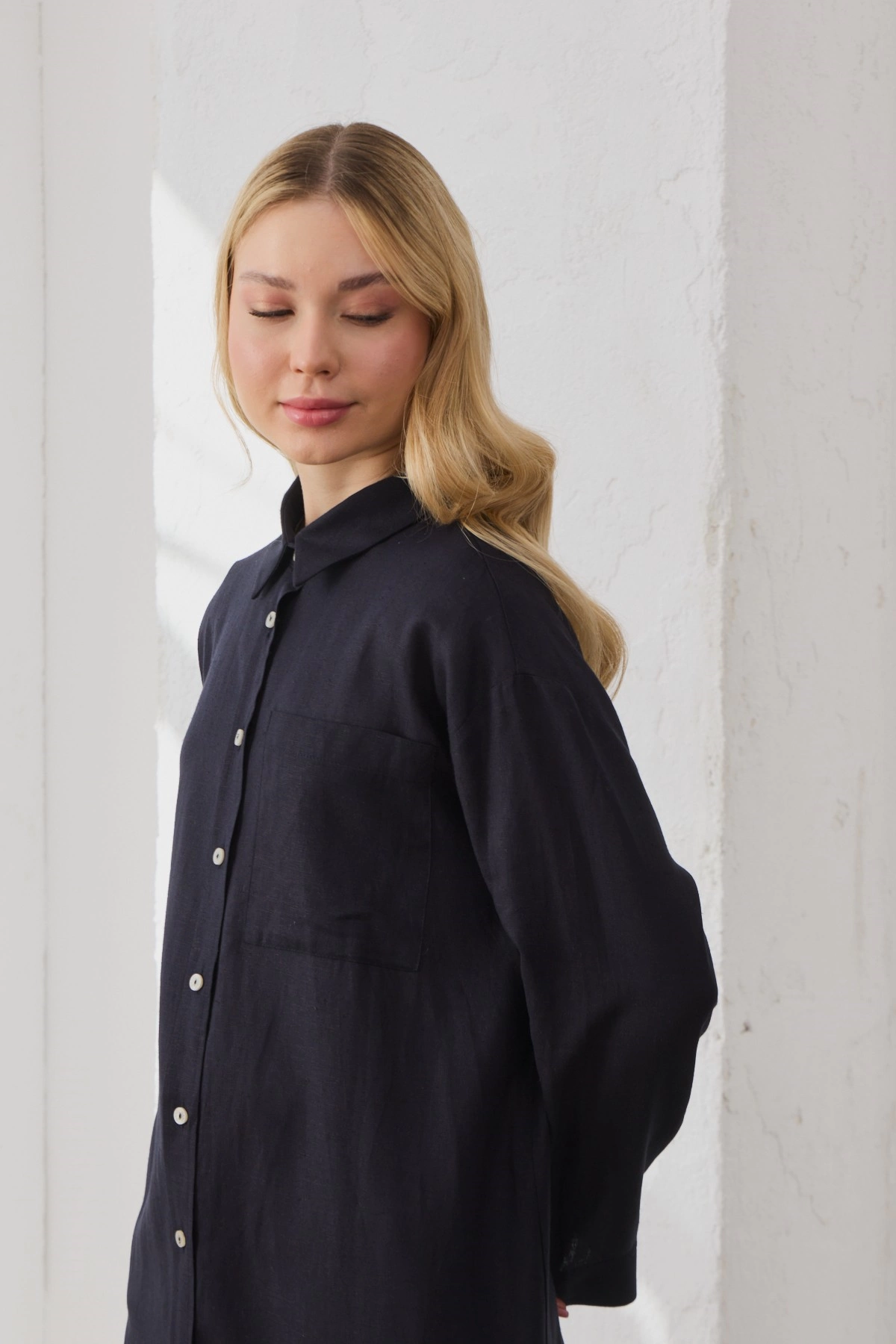 Qanu Tek Cepli Keten Uzun Gömlek Lacivert