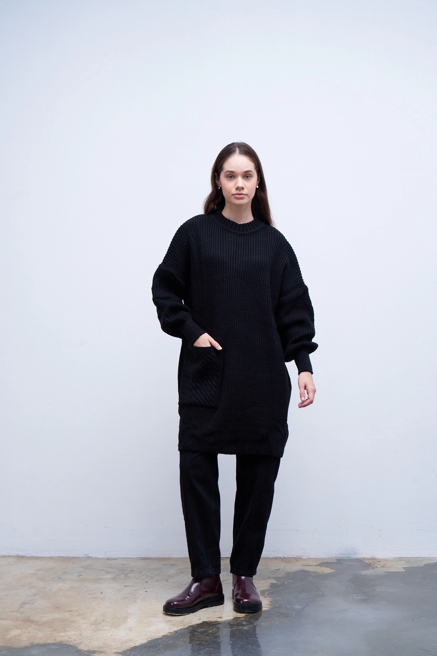 Qanu Tek Cepli Örgülü Triko Siyah 