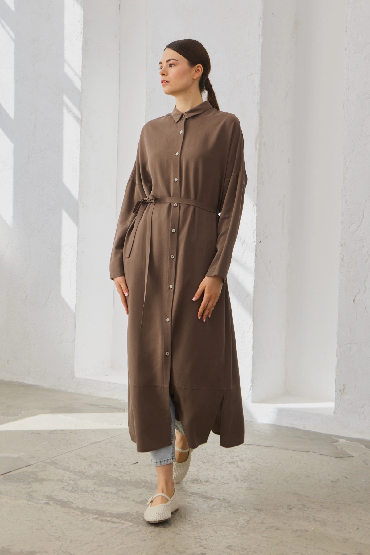 Qanu Tensel Oversize Gömlek Kahverengi 