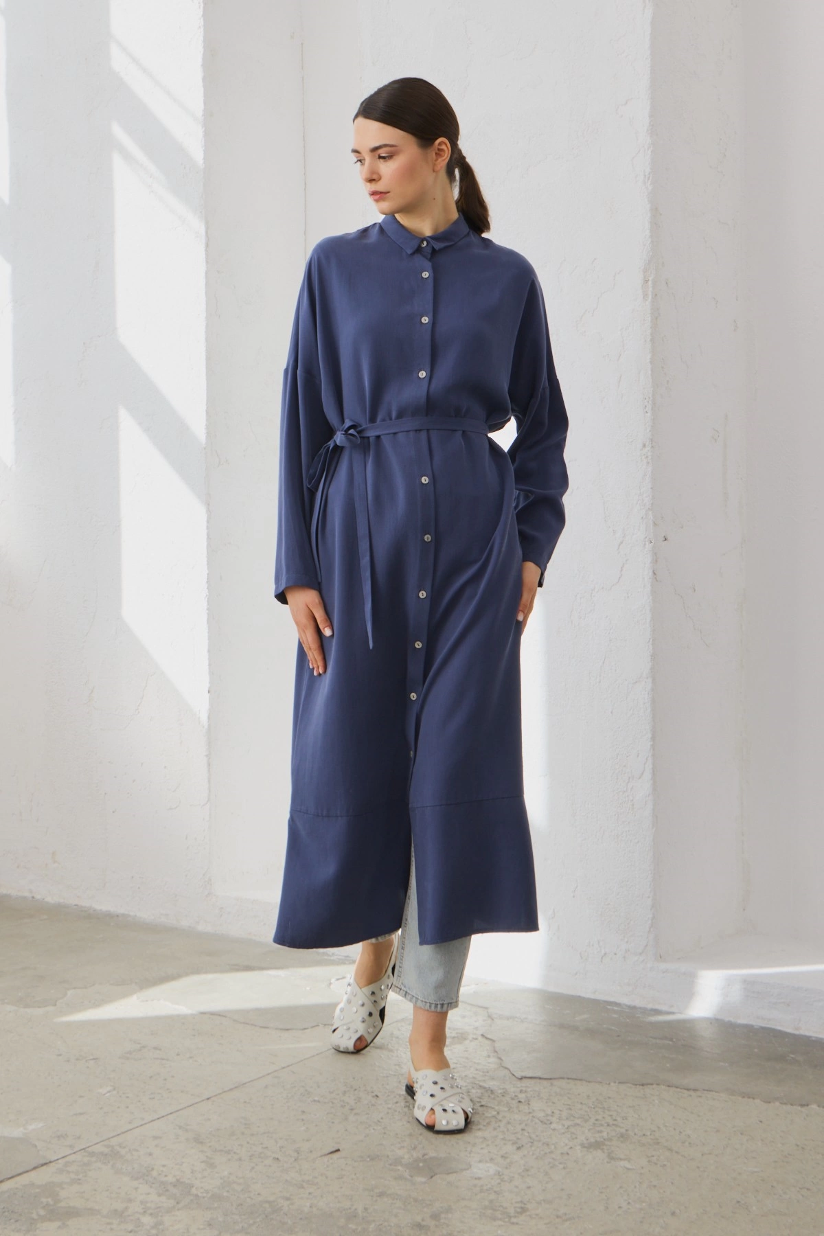 Qanu Tensel Oversize Gömlek Lacivert