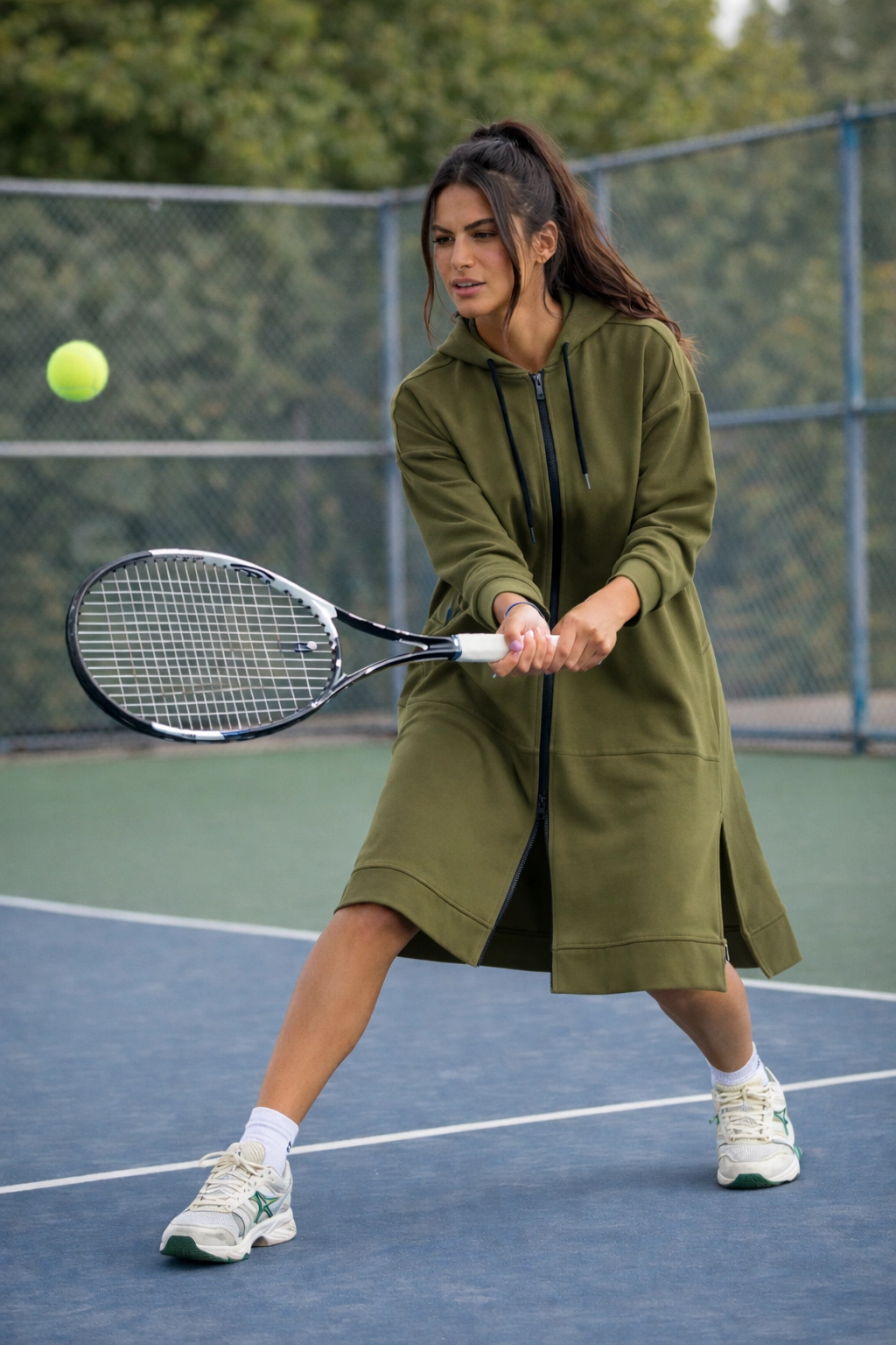 Qanu Uzun Fermuarlı Kap Yeşil  - Tesettür Giyim