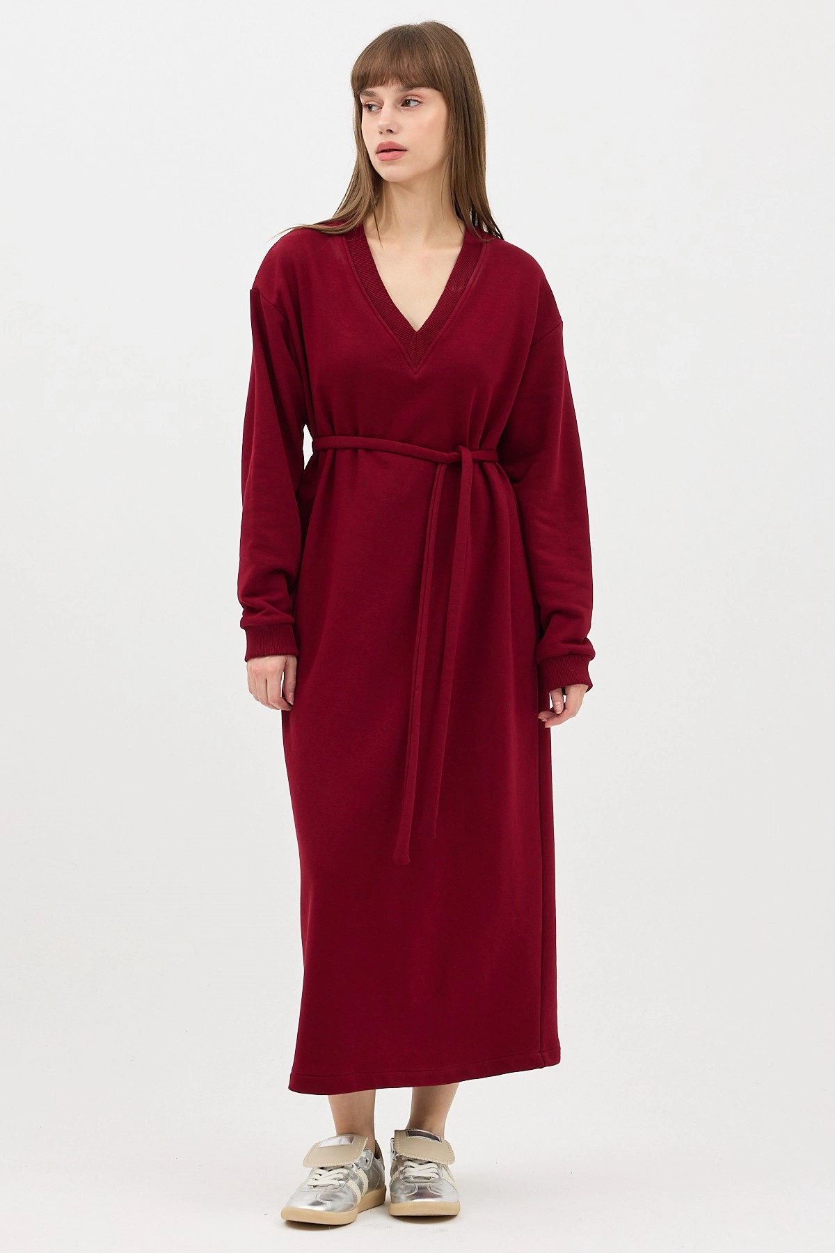 Qanu V Yaka Uzun Sweatshirt Bordo - Tesettür Giyim