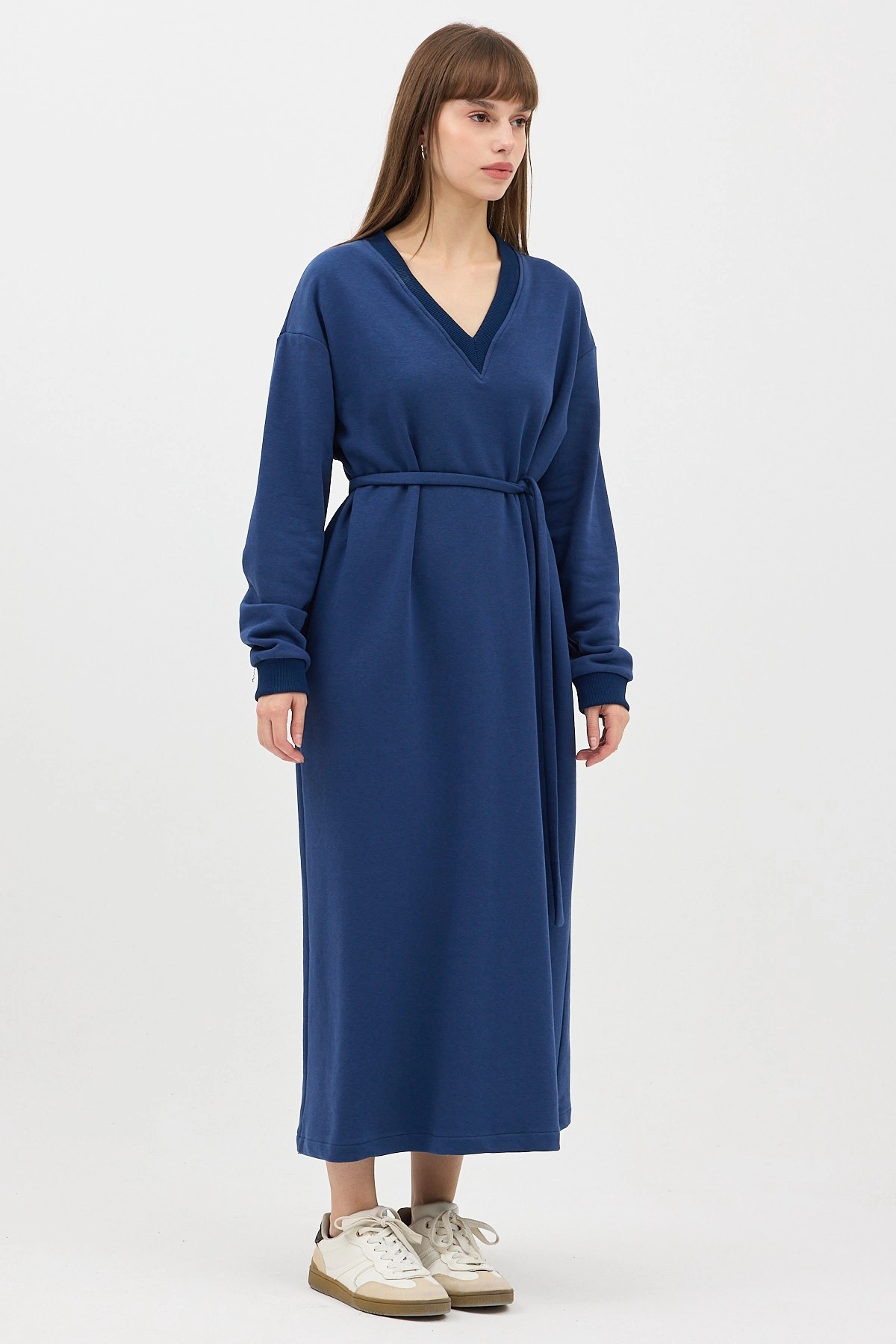 Qanu V Yaka Uzun Sweatshirt İndigo - Tesettür Giyim