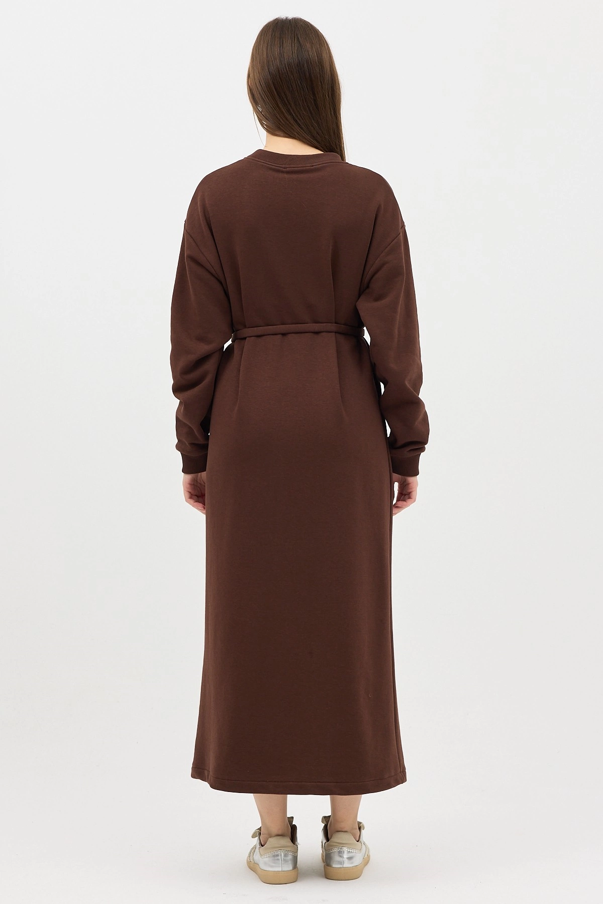 Qanu V Yaka Uzun Sweatshirt Kahverengi - Tesettür Giyim