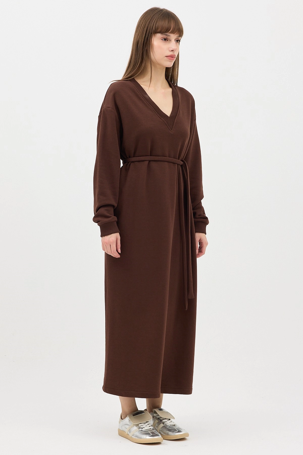 Qanu V Yaka Uzun Sweatshirt Kahverengi - Tesettür Giyim