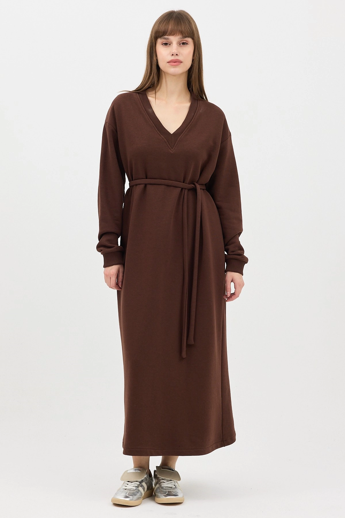 Qanu V Yaka Uzun Sweatshirt Kahverengi - Tesettür Giyim