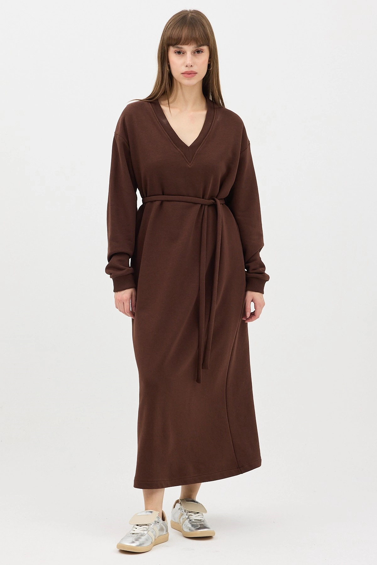 Qanu V Yaka Uzun Sweatshirt Kahverengi - Tesettür Giyim