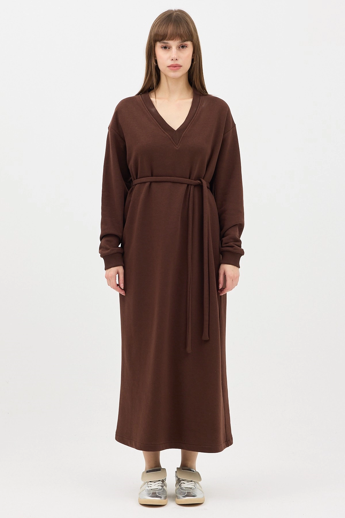 Qanu V Yaka Uzun Sweatshirt Kahverengi