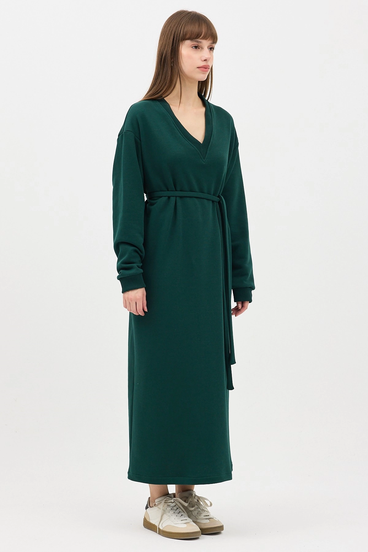 Qanu V Yaka Uzun Sweatshirt Yeşil - Tesettür Giyim