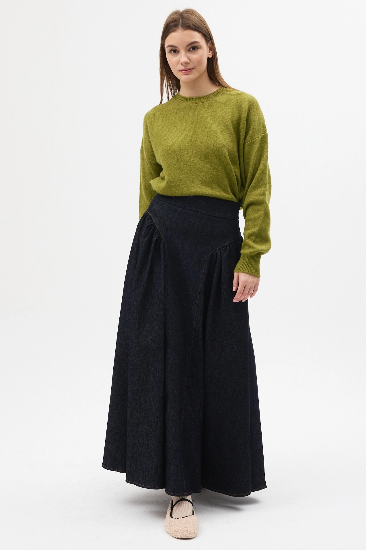 Qanu Volanlı Denim Etek Koyu Mavi  - Tesettür Giyim