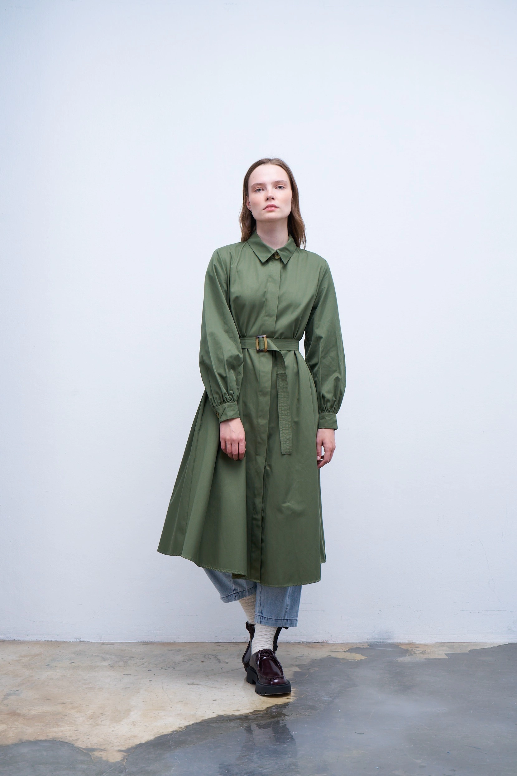 Qanu Volanlı Trençkot Yeşil 