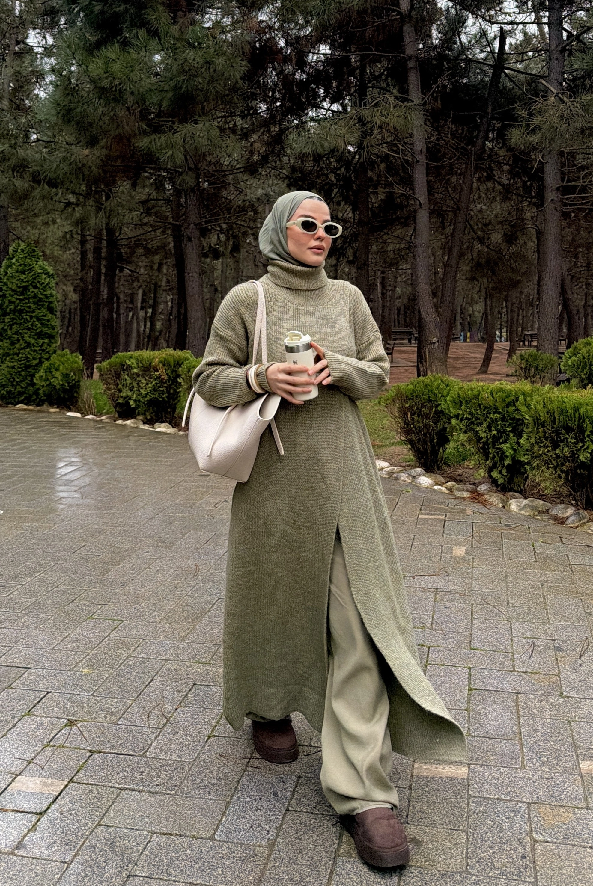 Qanu Yırtmaçlı Triko Tunik Çağla Yeşili - Tesettür Giyim