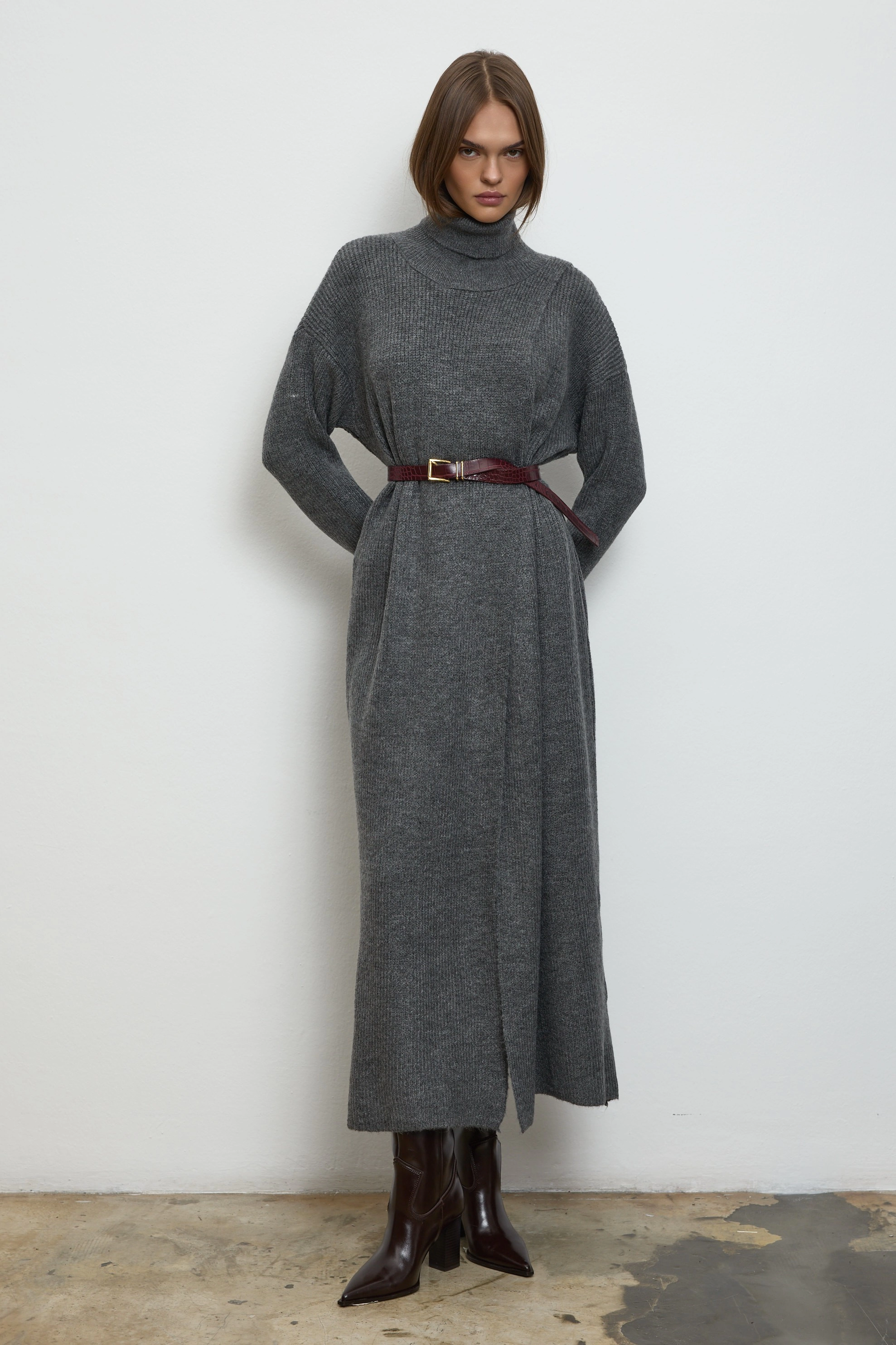 Qanu Yırtmaçlı Triko Tunik Gri