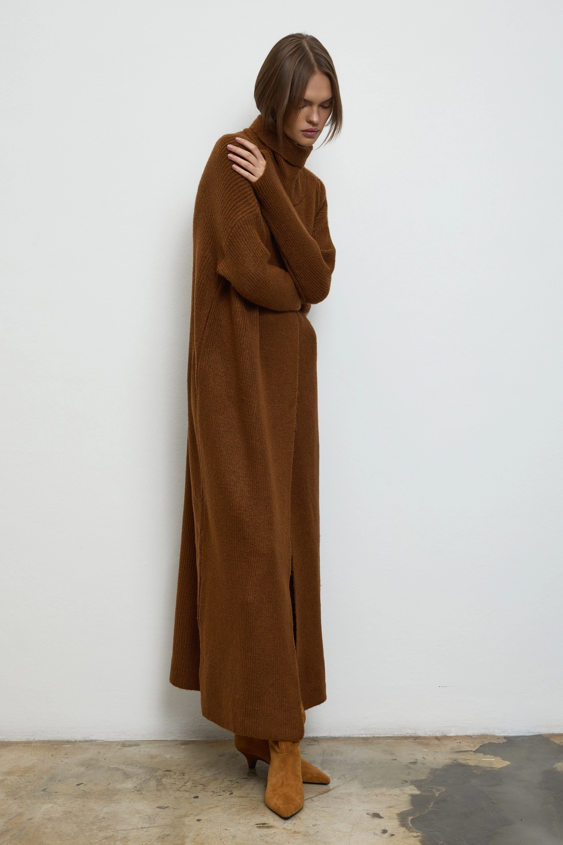 Qanu Yırtmaçlı Triko Tunik Taba 