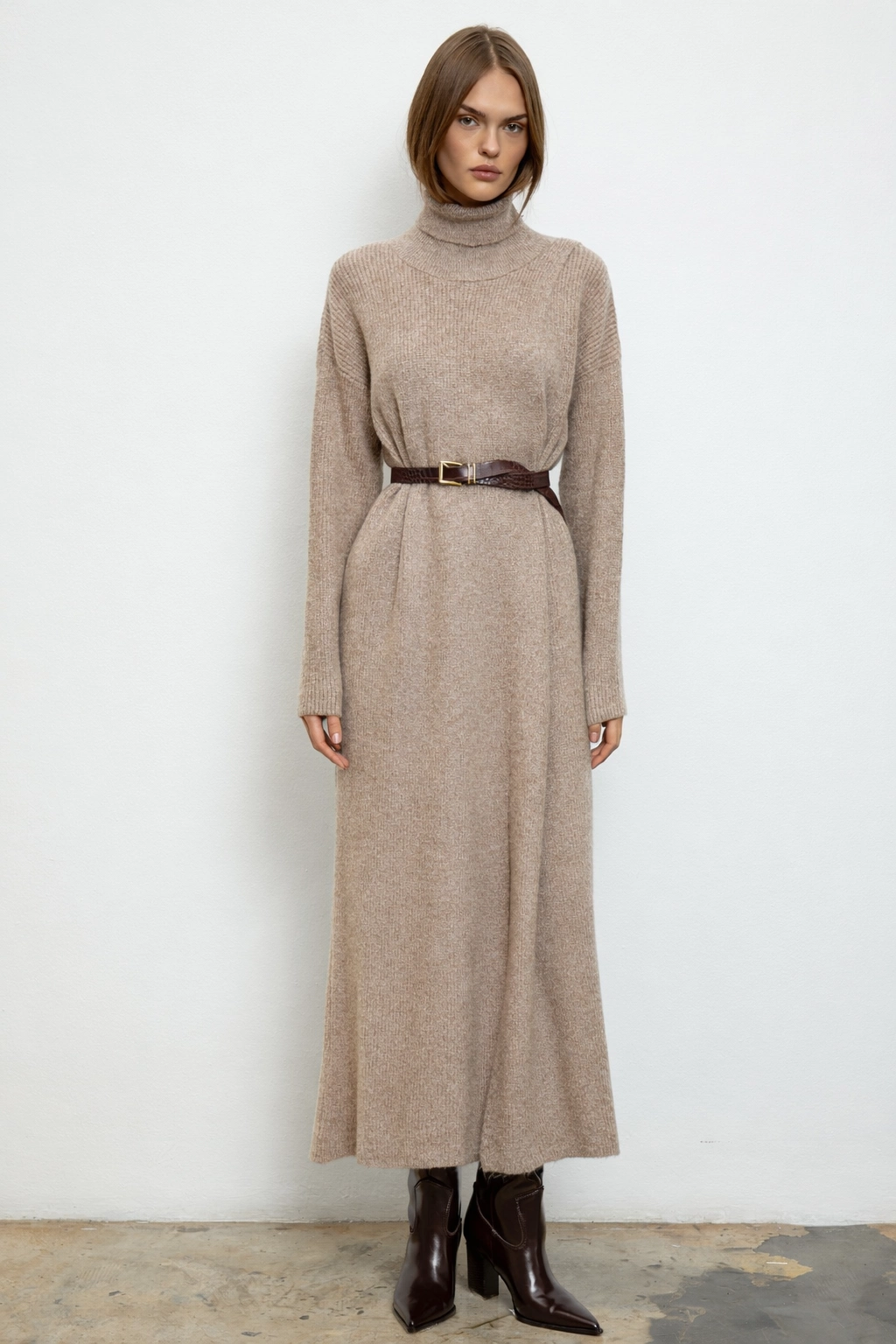 Qanu Yırtmaçlı Triko Tunik Vizon - Tesettür Giyim